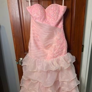 Pink fit and flare formal dress. Corset back.